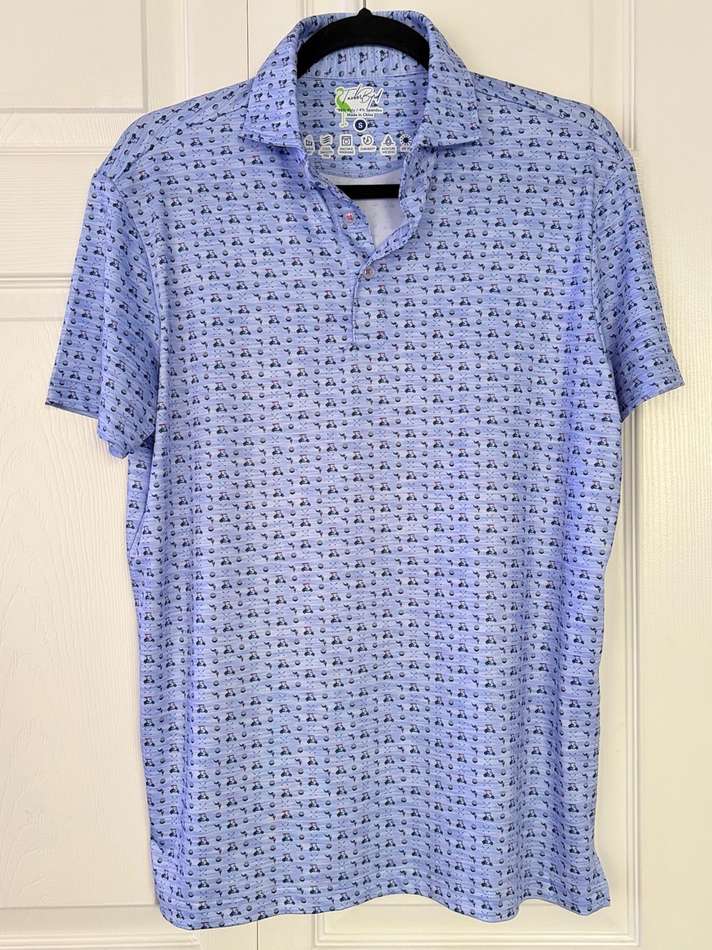 Tailorbyrd Golf Polo Shirt Golf Cart Clubs Print Performance Polo Blue Small